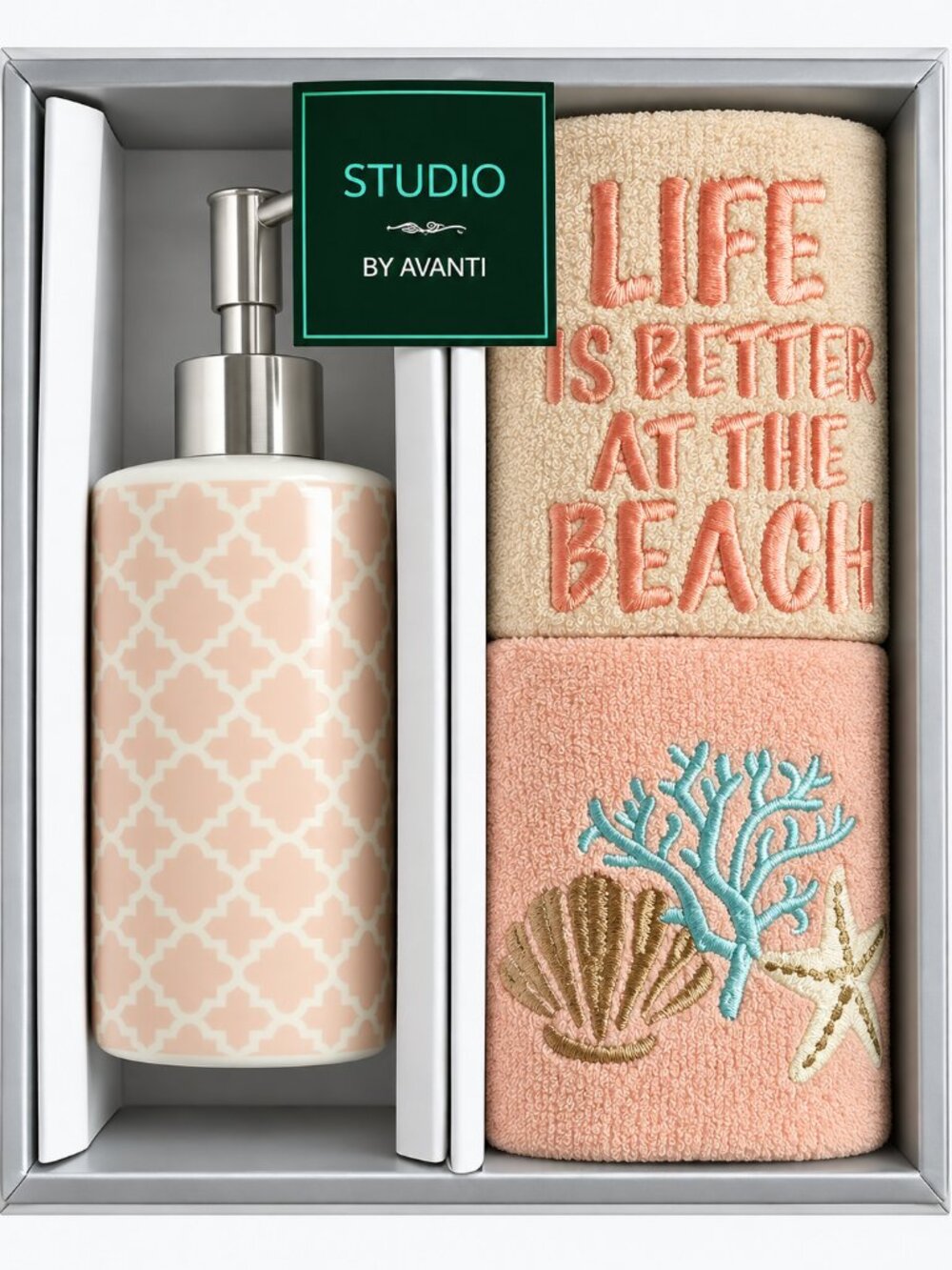 Avanti Fingertip Towels and Soap Lotion Dispenser Set Embroidered Beach Set of 3
